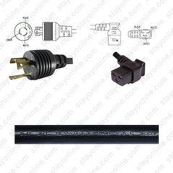 Custom Molded Power Cord - L6-20 BLACK Plug to C19 LEFT BLACK Connector 12AWG / SJT - 20 Amps - BLACK Jacket 10 feet