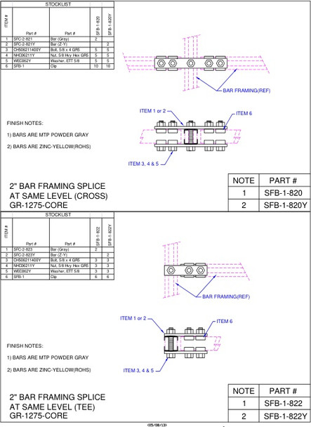 Moreng Telecom SFB-1-820Y 2" Framing Bar Splice At Same Level (Cross) Zinc Yellow | American Cable Assemblies