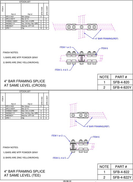 Moreng Telecom SFB-4-822Y 4" Framing Bar Splice Kit  At Same Level (Tee) Zinc Yellow | American Cable Assemblies