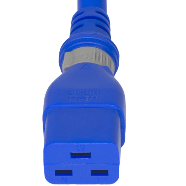 DL2019-J-120-BLU - 10FT Blue Dual Lock IEC320 C20 Secure-Locking to IEC320 C19 Universal Locking 20A 250V | American Cable Assemblies
