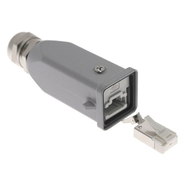 Mencom CJZA-4/2V Standard, CJ series, RJ45 Male Rectangular Hood and Insert, with 4 Data and 2 Power Contacts, size 21.21, Top PG 11 entry | American Cable Assemblies