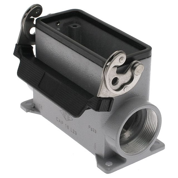Mencom CMAP-06L229 Insulated, Rectangular Base, Single Latch, Surface mount, size 77.27, 2 Side PG29 cable entries | American Cable Assemblies