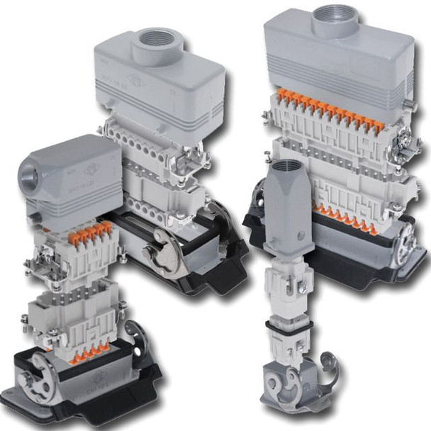 Mencom TQDS-24IVA34 Multipole Rectangular Connector Kit, 24-pole tool-less spring terminal inserts, Squich Spring, Size 104.27, 4 pegs, Double latch, Top 3/4" NPT cable entry, High Construction, Metal enclosure | American Cable Assemblies