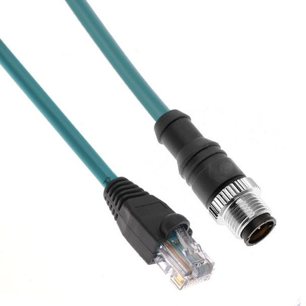 Mencom MDE45P-4MP-RJ45-5M Ethernet, Cordset, 4 Pole, M12 D-Coded Male Straight (IP69) / RJ45 Plug (IP20), 5M, Teal, PUR | American Cable Assemblies