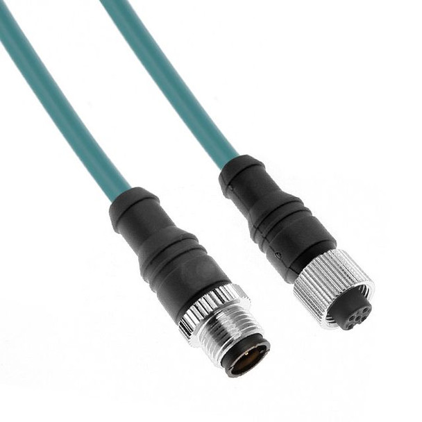 Mencom MDE45WB-4MFP-5M Ethernet, Continuous Flex, Cordset, Shielded Cable, Not shielded to coupling nut,4 Pole, M12 D-Coded Male Straight / M12 D-Coded Female Straight, 5M, Teal, TPE | American Cable Assemblies