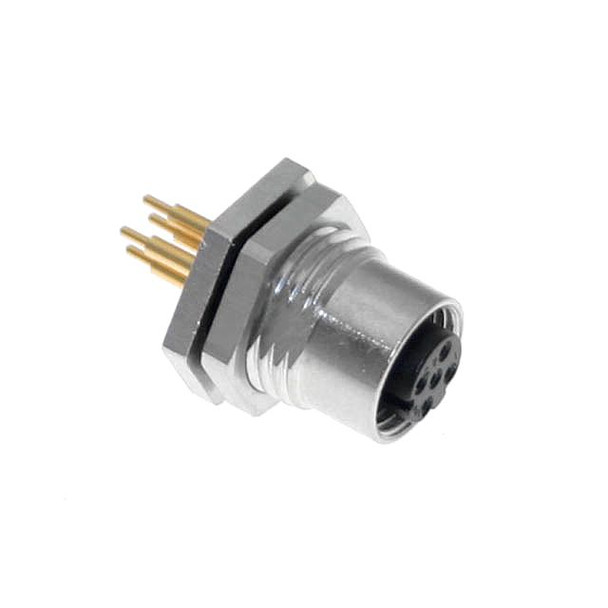 Mencom MDE45-4FR-BM-PCB Ethernet, Receptacle, 4 Pole, M12 D-Coded Female Straight, PCB, 4A, PG9, Back Mount, Nickel Plated Brass | American Cable Assemblies