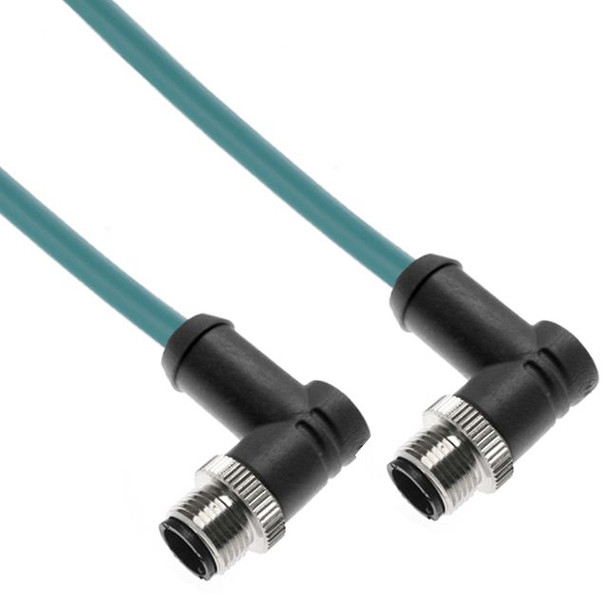 Mencom MDE45P-4MMP-2M-R Ethernet, Cordset, 4 Pole, M12 D-Coded Male Right Angle / M12 D-Coded Male Right Angle, 2M, Teal, PUR | American Cable Assemblies