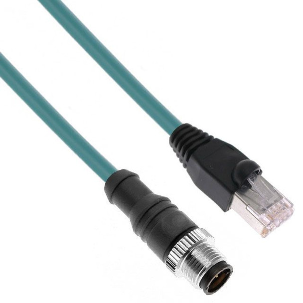 Mencom MDE45WB-4MP-RJ45S-1M Ethernet, Continuous Flex, Cordset, Shielded to RJ45 only 4 Pole, M12 D-Coded Male Straight (IP69) / Shielded RJ45 Plug (IP20) , 1M, Teal, TPE | American Cable Assemblies