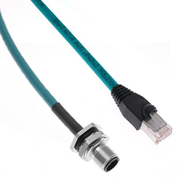 Mencom MDE45PB-8MR-RJ45S-BM-1M Ethernet, Shielded, Receptacle, 8 Pole, M12  A-Coded Male Straight / Shielded RJ45 Plug, 1M, Teal, PUR, PG9, Back Mount, Nickel Plated Brass | American Cable Assemblies