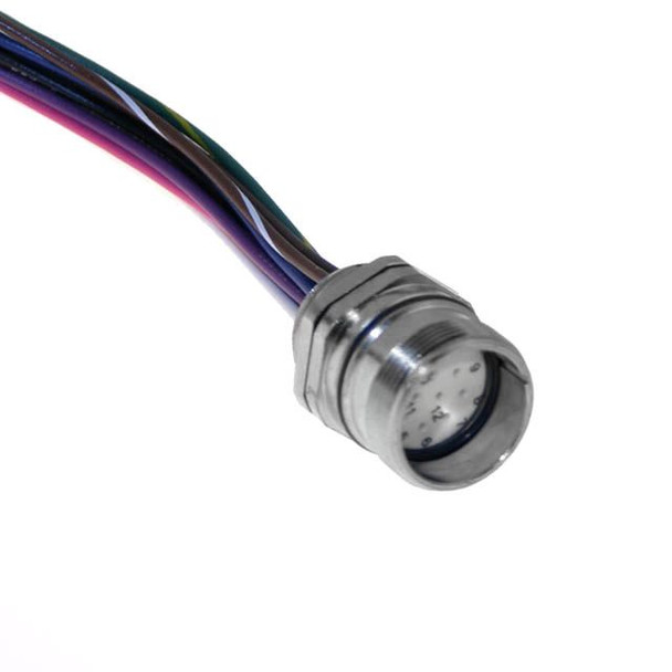 Mencom MCV-12FR-0.3M-M20L MCV, M23 Receptacle, 12 Pole, Female Straight, Discrete, 0.3M, 6A, M20-Long, Front Mount, Nickel Plated Brass | American Cable Assemblies