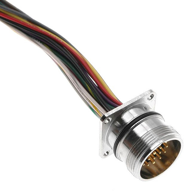 Mencom MCV-19MR-0.3M-PM27 MCV, M23, Receptacle, 19 Pole, Male Straight, Discrete, 0.3M, 10/1A or 9/2A, Panel Mount with 2.7mm mounting holes, Nickel Plated Brass | American Cable Assemblies