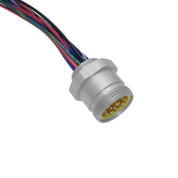 Mencom MIN-10MR-1-18-M25 MIN Size III, Receptacle, 10 Pole, Male Straight, 1 Ft, 18awg, 4A, M25, Front Mount, Aluminum Clear Anodized | American Cable Assemblies