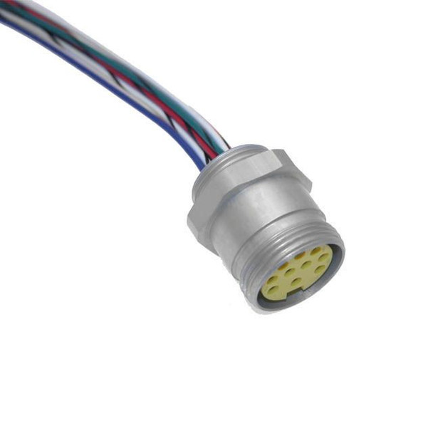 Mencom MIN-12FR-3-18-PG16 MIN Size III, Receptacle, 12 Pole, Female Straight, 3 Ft, 18awg, 4A, PG16, Front Mount, Aluminum Clear Anodized | American Cable Assemblies