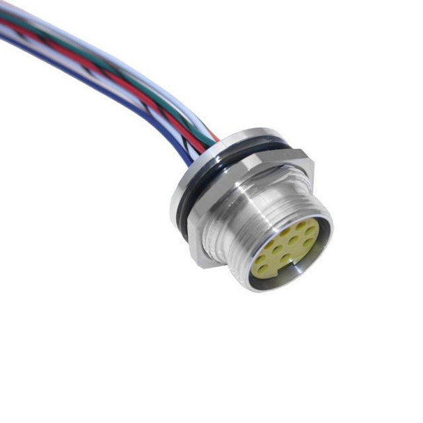 Mencom MIN-9FR-6-18-BM MIN Size III, Receptacle, 9 Pole, Female Straight, 6 Ft, 18awg, 4A, .5-NPT, Back Mount, Nickel Plated Brass | American Cable Assemblies