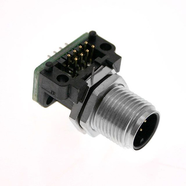 Mencom MDCM-8MR-PCB-R MDC, Shielded Receptacle, 8 Pole, Male Right Angle, 2A, M12, PCB Mount, Nickel Plated Brass | American Cable Assemblies