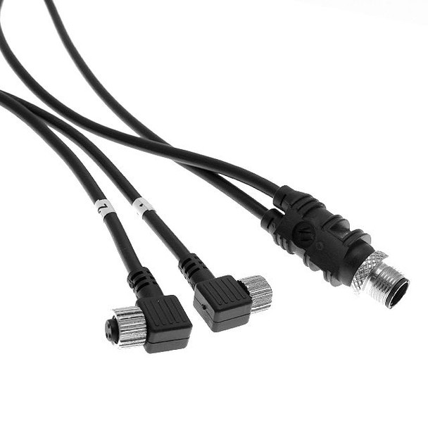 Mencom MDNT-3YFF-1M-R MDC, "Y", 3 Pole M12 Male Straight / 2 M8 Female Right Angle, 1M, 4A, Black, PVC | American Cable Assemblies