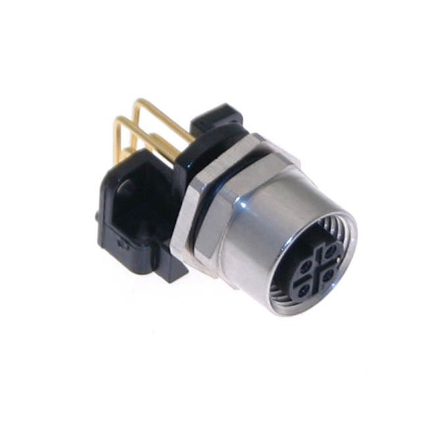 Mencom MDC-4FR-PCB-R-F MDC Floating, Receptacle, 4 Pole, Female Right Angle, 4A, M12, PCB Mount, Nickel Plated Brass | American Cable Assemblies