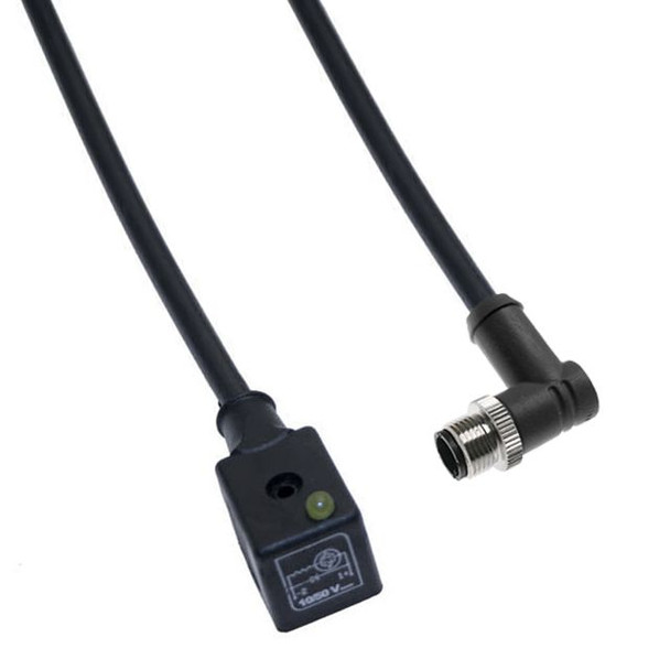 Mencom VDG-A20-3502 Solenoid Valve Connectors, Cordset, 3 Pole, ISB 11mm, with 5 Pole M12 Male Right Angle, 10 Meters, 24V, 4A, LED w/MOV | American Cable Assemblies