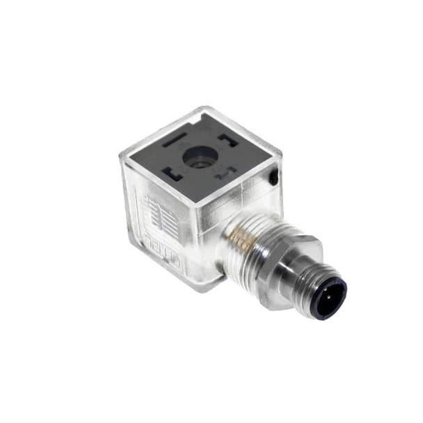Mencom VAC-089-3401 Solenoid Valve Connectors, Receptacle, 3 Pole, Form A 18mm, with 4 Pole M12 Male Straight, 50V, 4A, LED w/Flyback Diode, with ground opposite | American Cable Assemblies