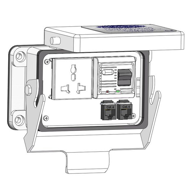 Mencom DUNGF-74457X45-2RJ45-48 Panel Interface Connector with Universal International GFCI outlet, GFCI / RCBO Circuit Breaker, and 2 x RJ45, in a 48 housing | American Cable Assemblies