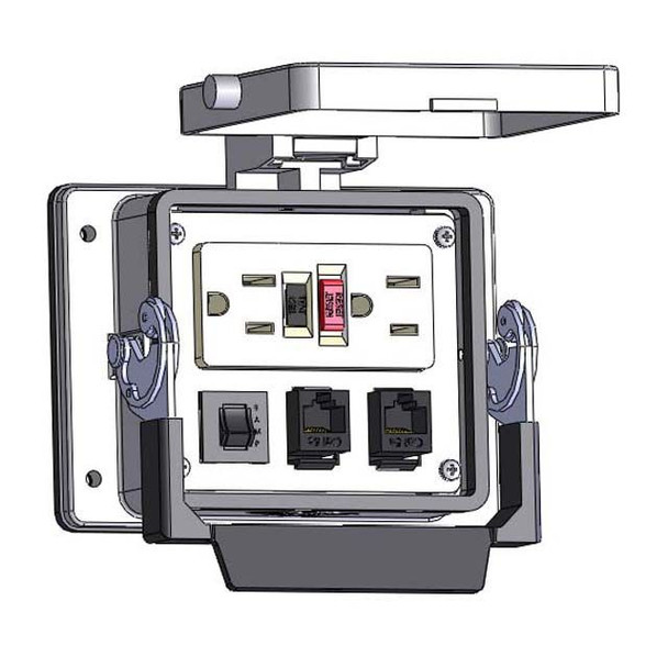 Mencom GF-2RJ45-5R-32 Panel Interface Connector with GFCI Duplex outlet, (2) RJ45, and a 5amp reset, in a 32 housing | American Cable Assemblies