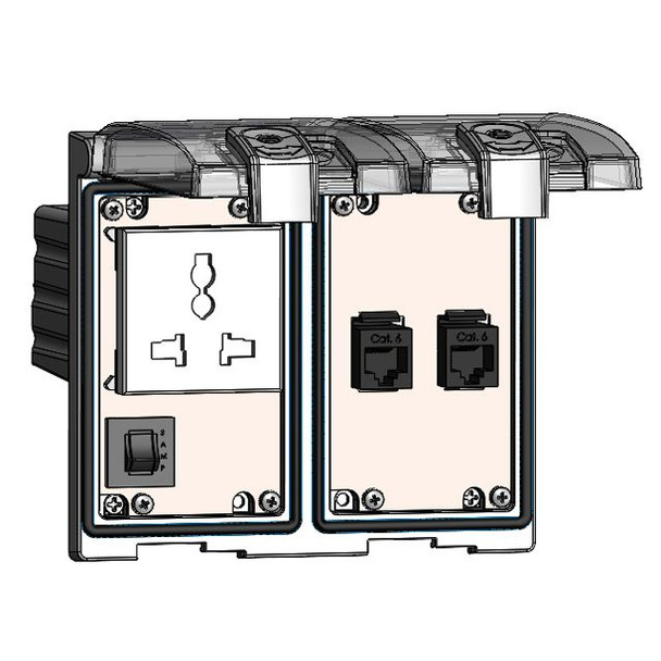 Mencom LP2-DUN-2RJ45-R Low Profile Panel Interface Connector with Universal International outlet, 2 x RJ45, and a 3amp Reset, in a Two-Single Cover Housing | American Cable Assemblies