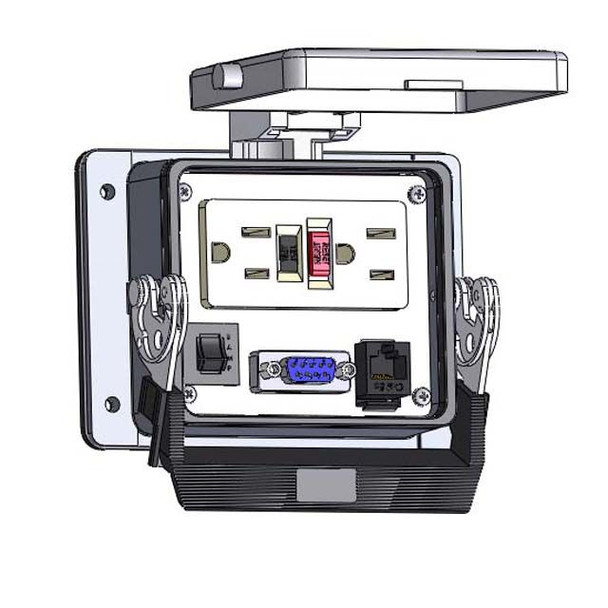 Mencom GF-DB9-RJ45-R-32 Panel Interface Connector with GFCI Duplex outlet, DB9, RJ45, and a 3amp reset, in a 32 housing | American Cable Assemblies