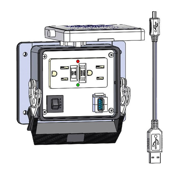 Mencom GF-USB-AFMM-06-R-32 Panel Interface Connector with GFCI Duplex outlet, Form A USB to Form A USB, 6 inch USB Mini to USB-A Cable, and 3amp Resert, in a 32 housing | American Cable Assemblies