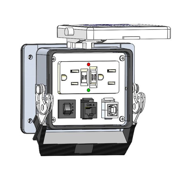 Mencom GF-RJ45-USB-BFAF-R-32 Panel Interface Connector with GFCI Duplex outlet, RJ45, USB-BFAF, and a 3 amp reset, in a 32 housing | American Cable Assemblies