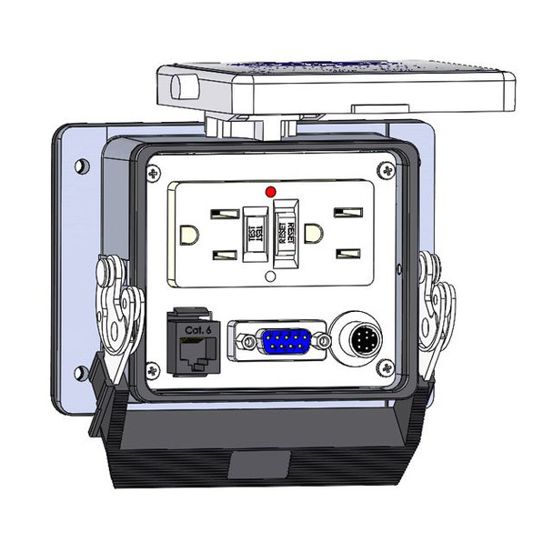 Mencom GF-DB9-RJ45-8M-32 Panel Interface Connector with GFCI outlet, 9 pin D-sub, RJ45, 8 pin mini din, in a 32 housing | American Cable Assemblies