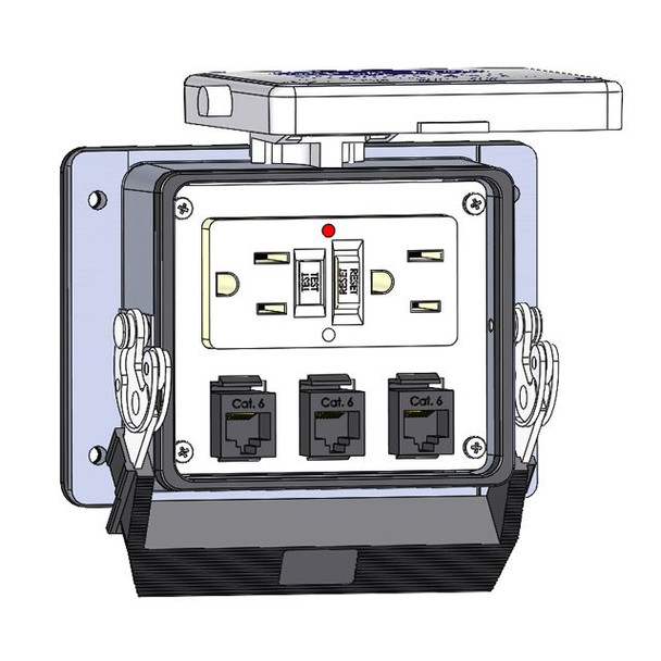 Mencom GF-3RJ45-32 Panel Interface Connector with GFCI outlet, (3) RJ45, in a 32 housing | American Cable Assemblies