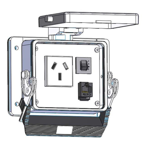 Mencom DAR-RJ45-R-32 Panel Interface Connector with Argentine outlet, RJ45 and 3amp reset, in a 32 housing | American Cable Assemblies