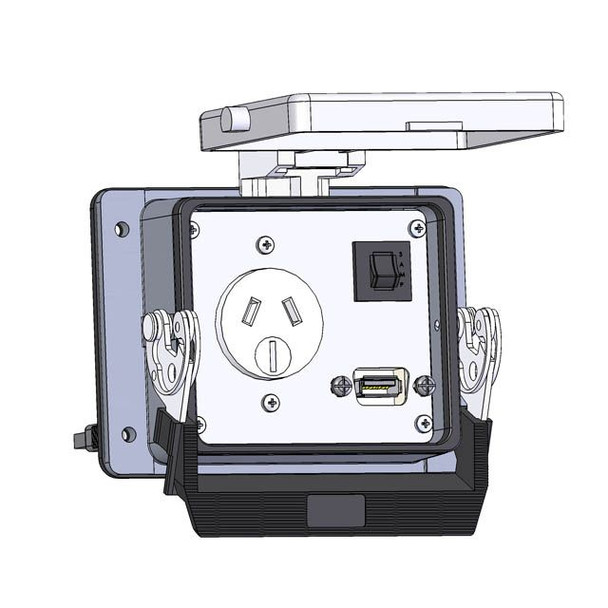 Mencom DAS-USB-03-R-32 Panel Interface Connector with Australian outlet, USB-03, and 3amp reset, in a 32 housing | American Cable Assemblies
