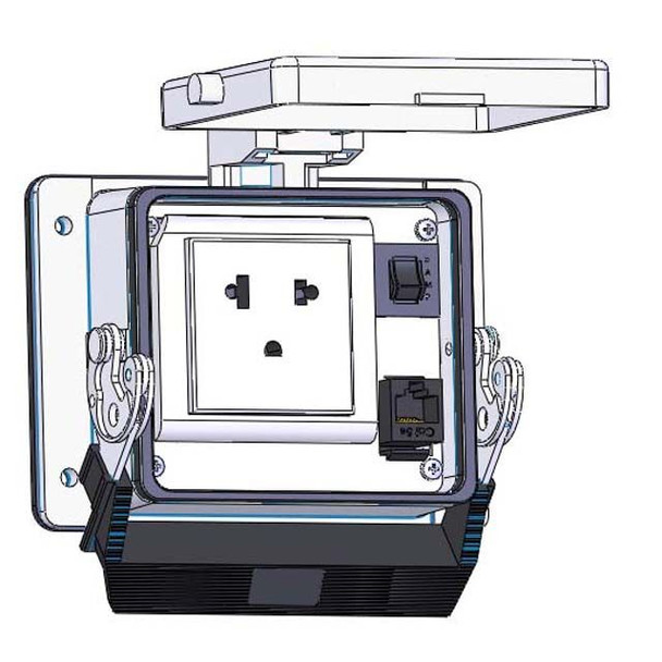 Mencom DBR-RJ45-R-32 Panel Interface Connector with Brazilian outlet, RJ45, and 3amp reset, in a 32 housing | American Cable Assemblies