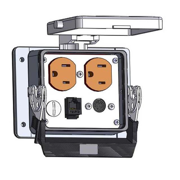 Mencom DHDP-8M-RJ45-32 Panel Interface Connector with Duplex outlet, 8 pin mini din connected to a 3 pin Blue hose connection for Data Highway, an RJ45, in a 32 housing | American Cable Assemblies