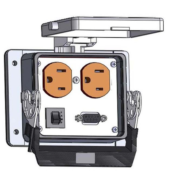 Mencom DHDP-DB9-R-32 Panel Interface Connector with Duplex outlet, 9 pin D-sub connected to a 3 pin Blue hose connection for Data Highway, a 3amp reset, in a 32 housing | American Cable Assemblies