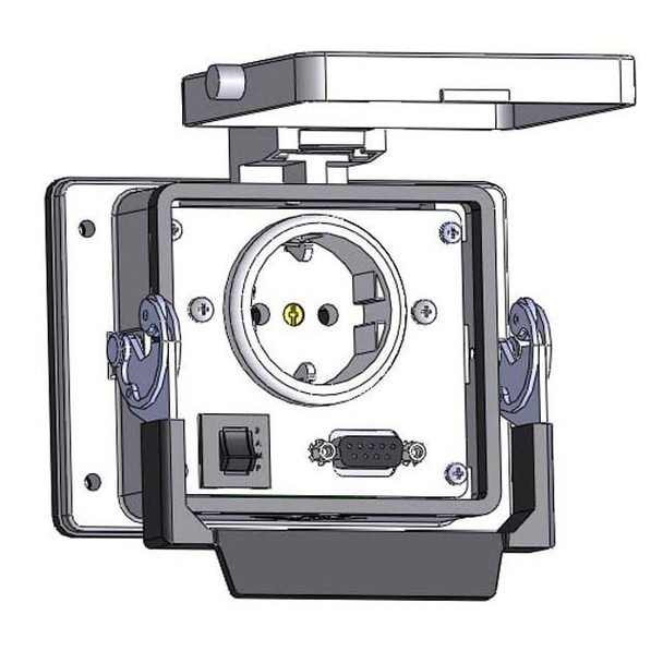Mencom DHEP-DB9-R-32 Panel Interface Connector with Continental European outlet, 9 pin D-sub connected to a 3 pin Blue hose connection for Data Highway, and a 3amp reset, in a 32 housing | American Cable Assemblies