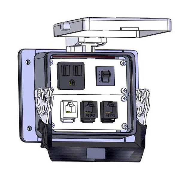 Mencom DP1-RJ11-2RJ45-R-32 Panel Interface Connector with Simplex outlet, RJ11, (2) RJ45, and a 3amp reset, in a 32 housing | American Cable Assemblies