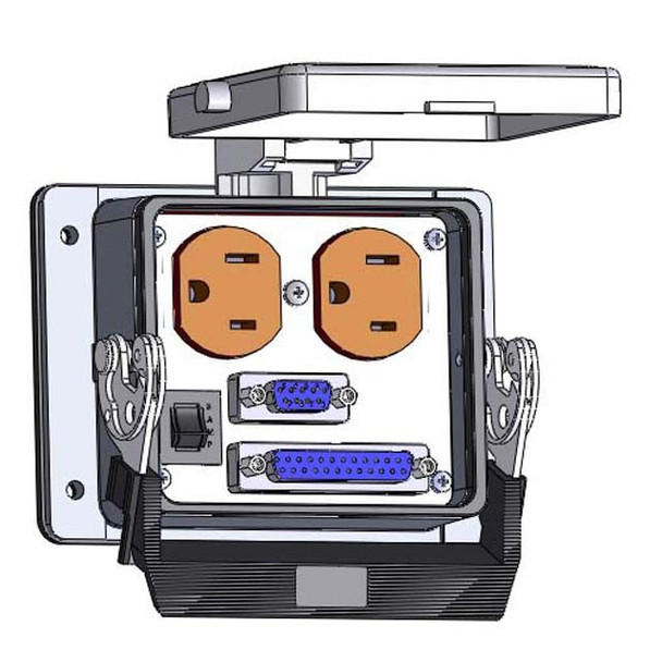 Mencom DP-DB9-DB25-R-32 Panel Interface Connector with Duplex outlet, DB9, DB25, and a 3amp reset, in a 32 housing | American Cable Assemblies