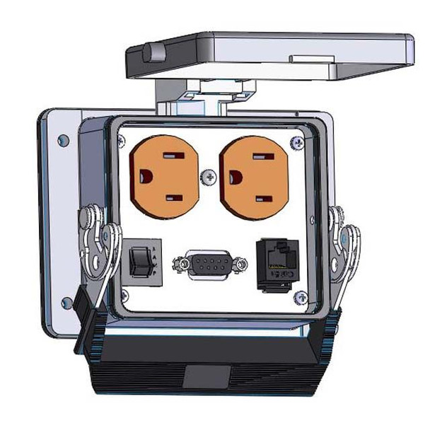 Mencom DP-DB9-PC9-RJ45-R-32 Panel Interface Connector with Duplex outlet, DB9-PC9, RJ45, and a 3amp reset, in a 32 housing | American Cable Assemblies