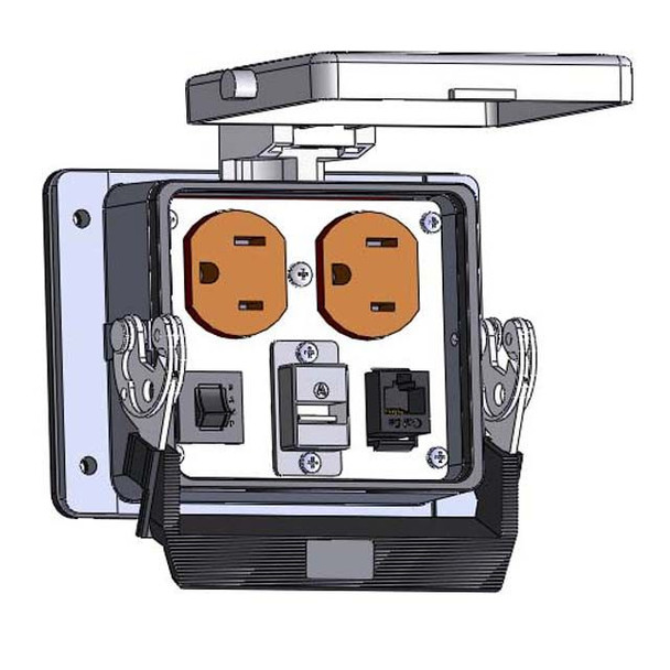 Mencom DP-RJ45-USB-AFAF-R-32 Panel Interface Connector with Duplex outlet, RJ45, USB-AFAF, and a 3amp reset, in a 32 housing | American Cable Assemblies