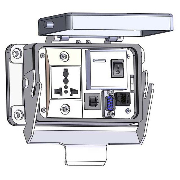 Mencom DUNGF-DB9M-RJ45-R-48 Panel Interface Connector with Universal International GFCI outlet, DB9M, RJ45, and a 3amp reset, in a 48 housing | American Cable Assemblies