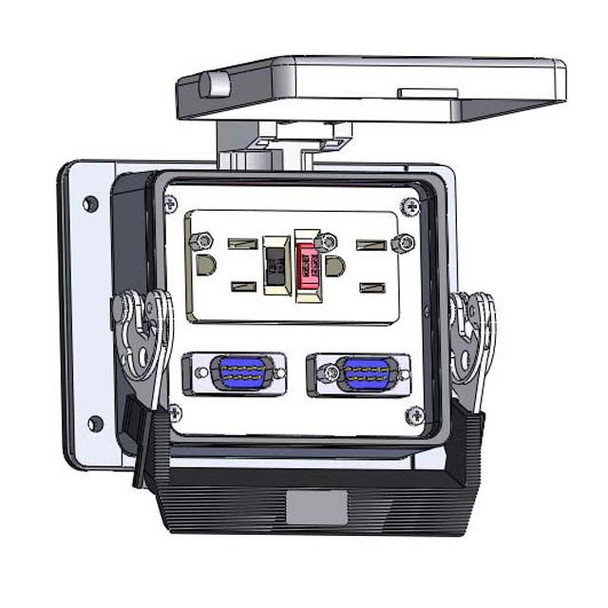 Mencom GF-2DB9M-32 Panel Interface Connector with GFCI Duplex outlet, (2) DB9M, in a 32 housing | American Cable Assemblies
