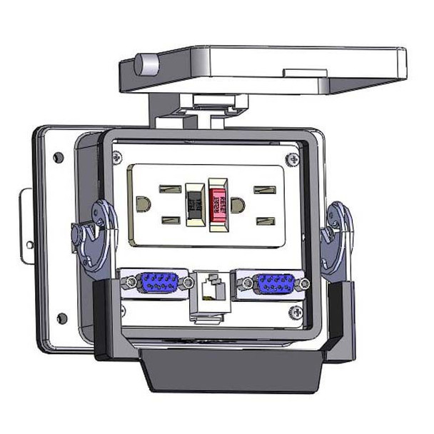 Mencom GF-2DB9-RJ11-32 Panel Interface Connector with GFCI Duplex outlet, (2) DB9, RJ11, in a 32 housing | American Cable Assemblies