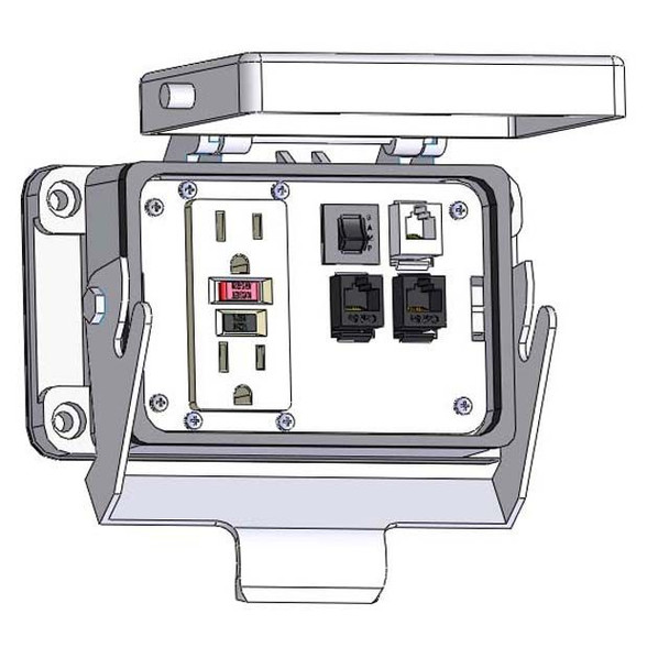 Mencom GF-2RJ45-RJ11-R-48 Panel Interface Connector with GFCI Duplex outlet, (2) RJ45, RJ11, and a 3amp reset, in a 48 housing | American Cable Assemblies