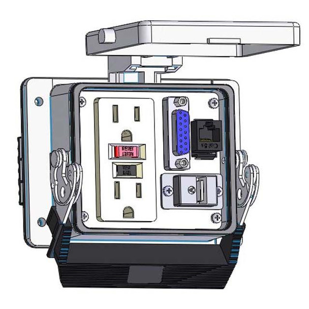 Mencom GF-DB15-RJ45-USB-AFAF-32 Panel Interface Connector with GFCI Duplex outlet, DB15, RJ45, USB-AFAF, in a 32 housing | American Cable Assemblies