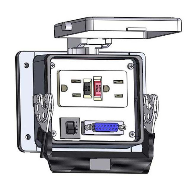 Mencom GF-DB15-R-32 Panel Interface Connector with GFCI Duplex outlet, DB15, and a 3amp reset, in a 32 housing | American Cable Assemblies