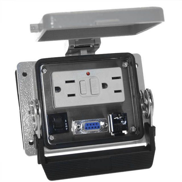 Mencom GF-DB9F-RJ45-R-32 Panel Interface Connector with GFCI Duplex outlet, DB9F, RJ45, and a 3amp reset, in a 32 housing | American Cable Assemblies