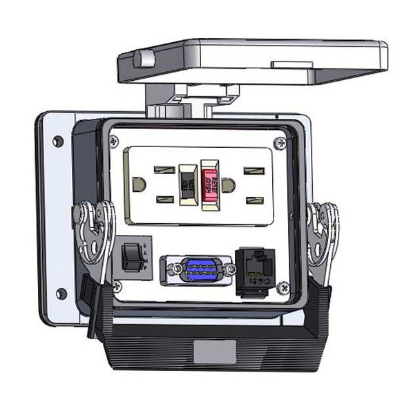 Mencom GF-DB9M-RJ45-R-32 Panel Interface Connector with GFCI Duplex outlet, DB9M, RJ45, and a 3amp reset, in a 32 housing | American Cable Assemblies