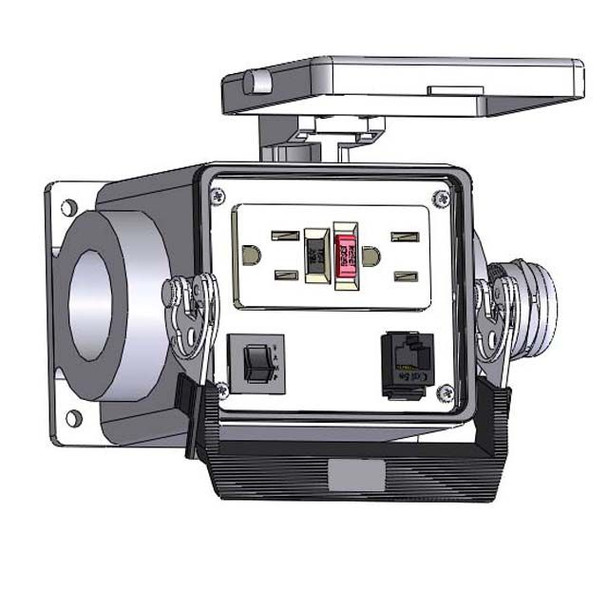Mencom GF-RJ45-R-P32 Panel Interface Connector with GFCI Duplex outlet, RJ45, and a 3amp reset, in a 32 surface mount housing | American Cable Assemblies